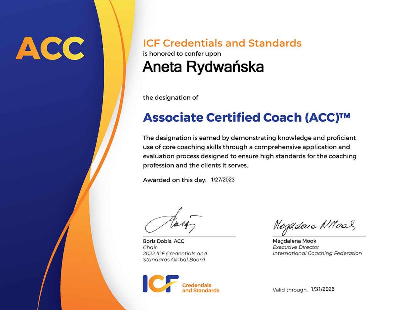 Certyfikat Aneta Rydwańska Arigato - Core Coaching Skills